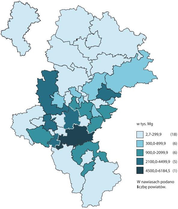 Green Key Raport z realizacji programów ochrony środowiska Ryc. 35. Odpady (z wyłączeniem komunalnych) wytworzone według powiatów w 2015 r.