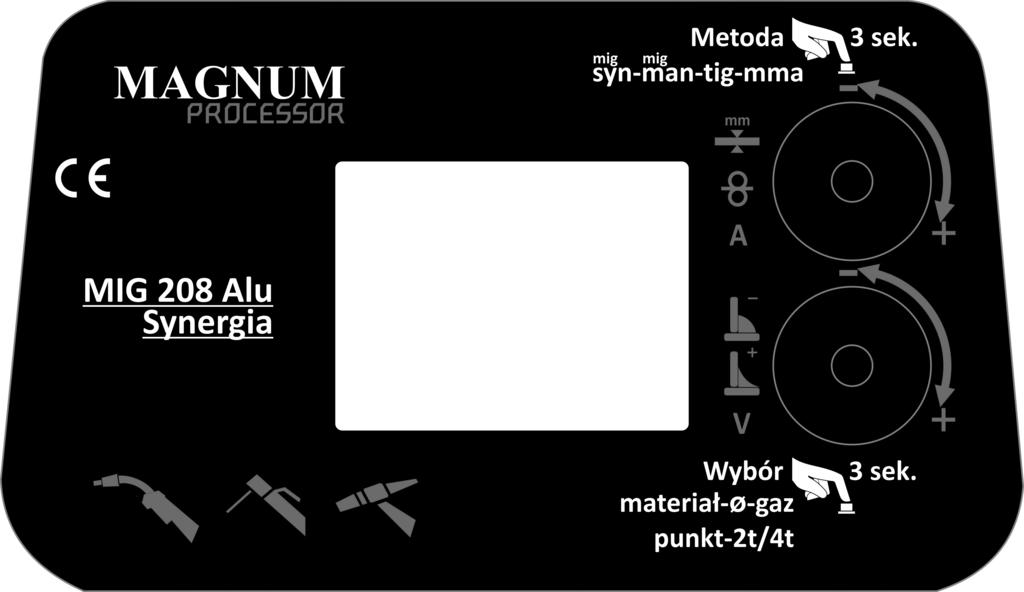 5. BUDOWA I PANEL STEROWANIA 1 MIG 208 Alu Synergia Metoda mig mig syn-man-tig-mma mm A - 3 sek. + - V Wybór materiał- ø-gaz punkt-2t/4t 3 sek. + 2 3 4 - + 5 1. Panel sterowania. 2. Gniazdo prądowe, wyjściowe minus.