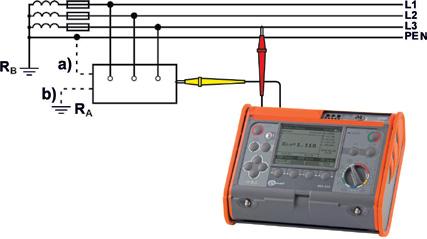 Przewodnik po normach Rys. 11. Pomiar impedancji pętli zwarcia w przypadku: a) sieci TN, b) sieci TT. Wyświetlana jest zarówno zmierzona impedancja pętli zwarcia oraz spodziewany prąd zwarciowy.