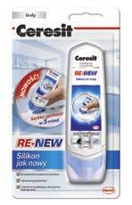 RE-NEW Renowator do silikonu Ceresit RE-NEW to produkt, służący do renowacji i odświeżania starego silikonu bez konieczności usuwania go.