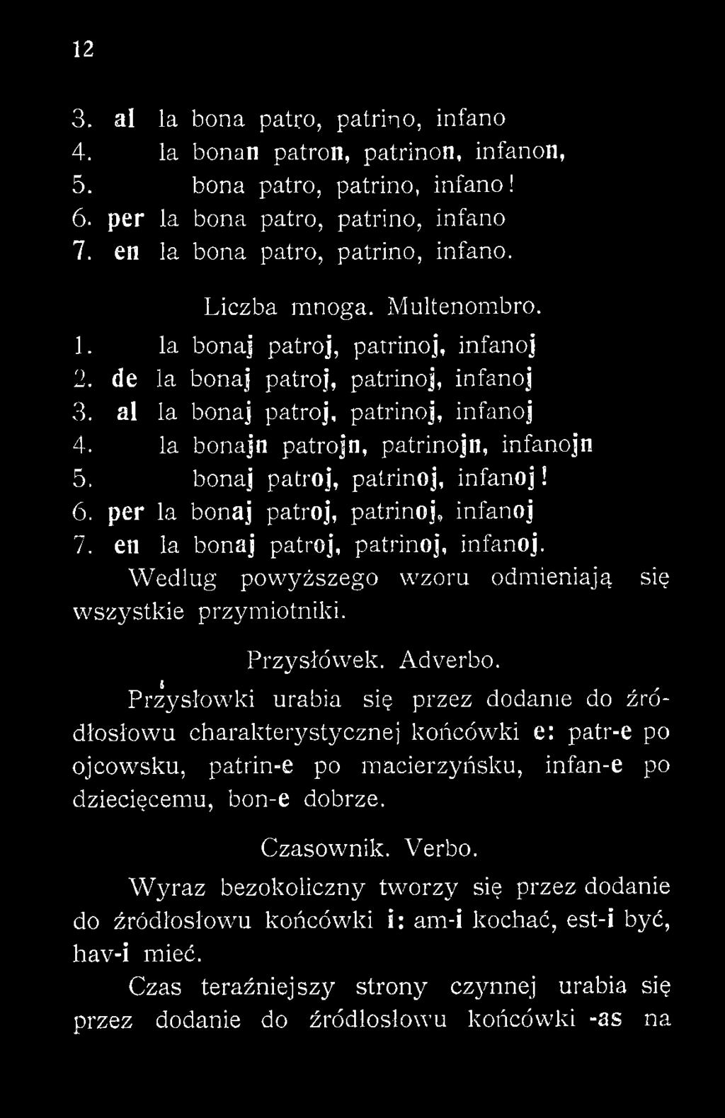 i, Przysłówki urabia się przez dodanie do źrodłosłowu charakterystycznej końcówki e: patr-e po ojcowsku, patrin-e po macierzyńsku, infan-e po dziecięcemu, bon-e