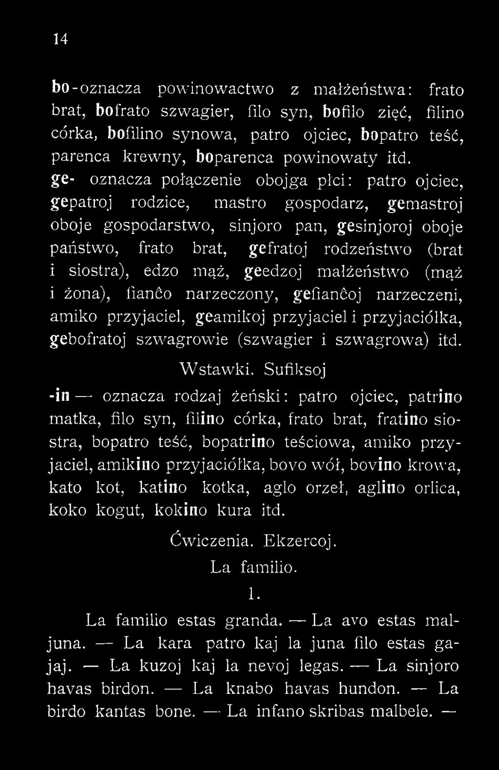 Sufiksoj -in oznacza rodzaj żeński: patro ojciec, patrino matka, filo syn, filino córka, frato brat, fratino siostra, bopatro teść, bopatrino teściowa, arniko przyjaciel, amikino
