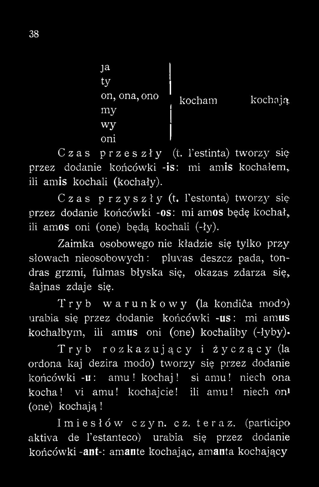 Zaimka osobowego nie kładzie się tylko przy słowach nieosobowych: pluvas deszcz pada, tondras grzmi, fulmas błyska się, okazas zdarza się, śajnas zdaje się.