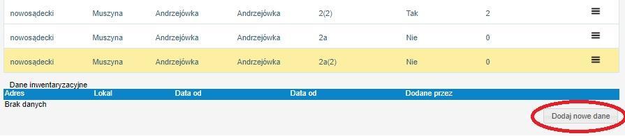 Dodawanie danych pod wyszukany adres Przy wykorzystaniu każdej z tych opcji, otwarte zostaje okno umożliwiające wprowadzenie danych zebranych w trakcie inwentaryzacji.