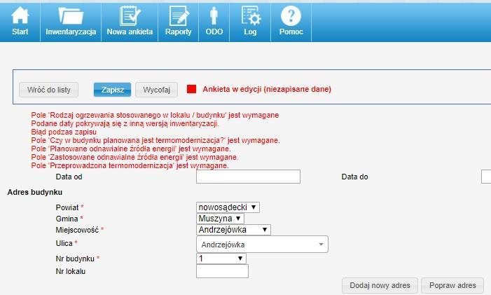 Rysunek 29. Przykład niepełnego wypełnienia bazy - brak możliwości zapisu danych Po wypełnieniu brakujących wpisów należy ponownie kliknąć zapisz.