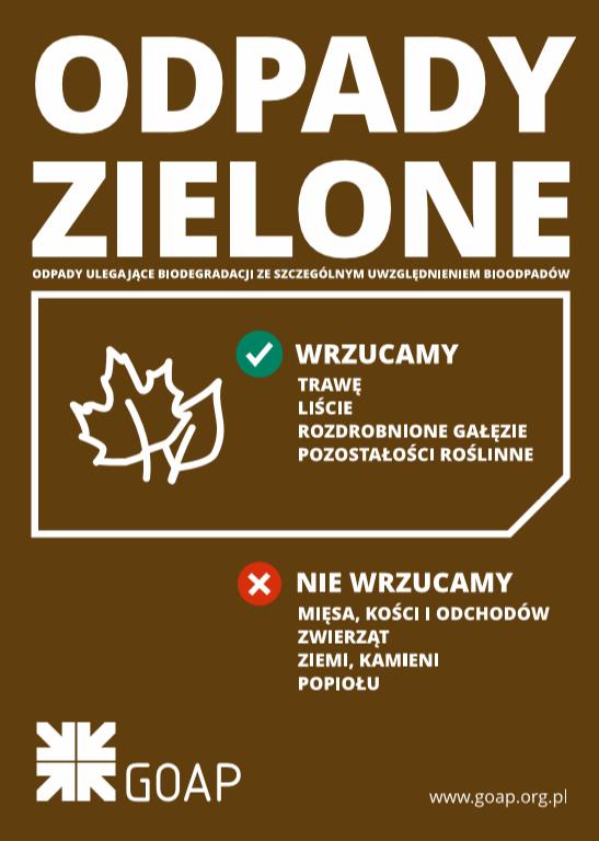Wzór stosowanej naklejek informacyjnych na pojemniki BIO oraz pojemniki do gromadzenia Odpadów zielonych na terenie nieruchomości wielorodzinnych, Rodzinnych Ogrodów Działkowych oraz Działek