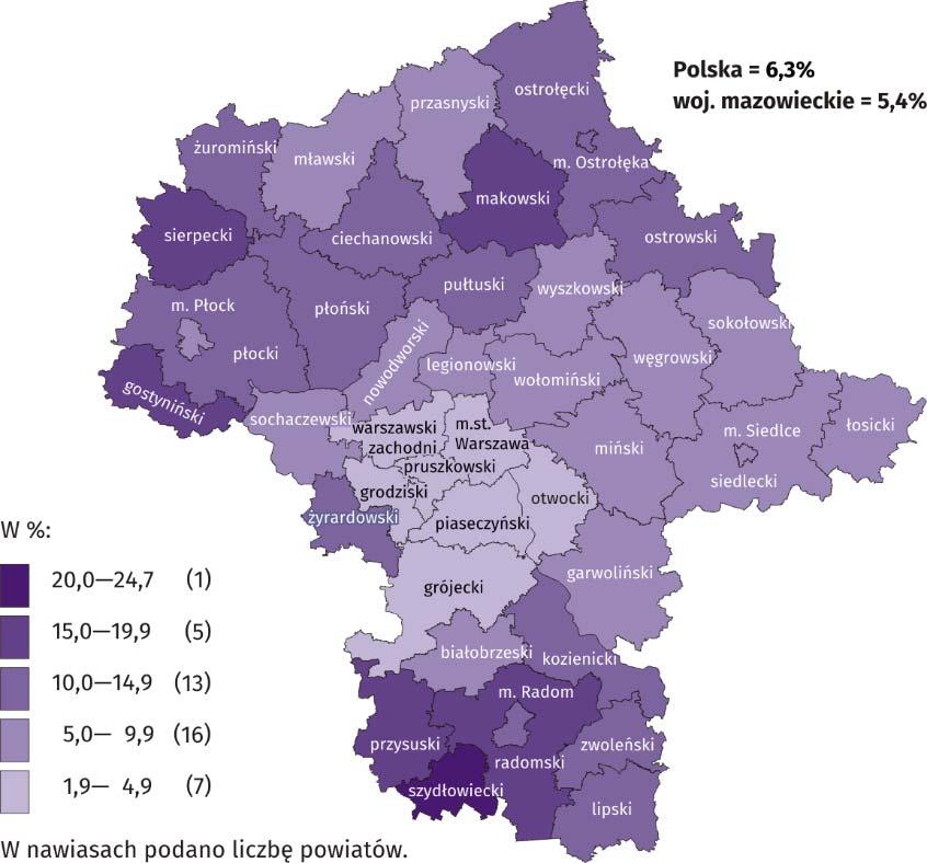 Mapa 2. Mieszkania oddane do użytkowania na 10 tys. ludności a według powiatów w okresie styczeń kwiecień 2018 r. a Do przeliczeń przyjęto ludność według stanu w dniu 31 XII 2017 r.