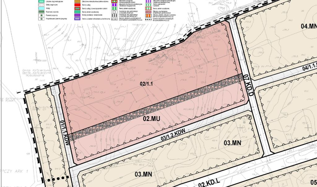 usługowe. Jednocześnie wprowadzono linie zabudowy oraz narzucono dla tego obszaru, oznaczonego odpowiednio na rysunku planu, na działce 46, lokalizację pasa zieleni w formie biogrup tj.