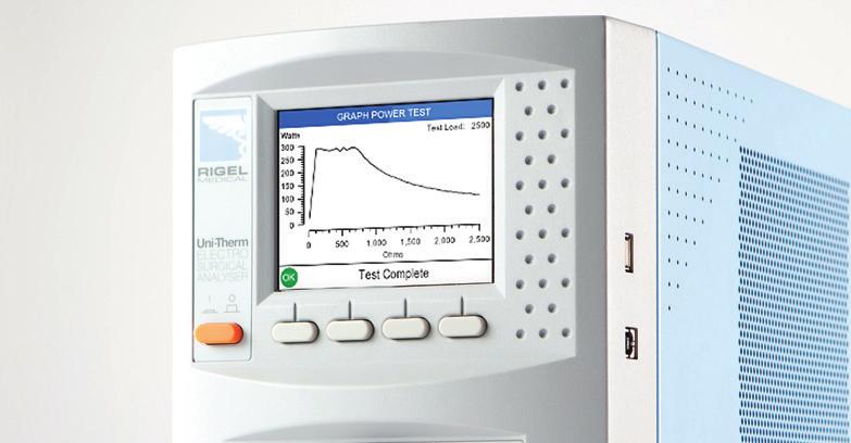 Uni-Therm Analizator Diatermii Chirurgicznych. Unikalny układ pomiaru prądu, oparty o wbudowane obciążenie symulujące ludzką tkankę czyni Rigel Uni-Therm niezwykle uniwersalnym urządzeniem.