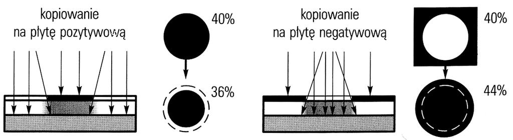 Rys. 5. Kopiorama stykowa [14, s. 124]. Nawet przy dokładnym styku warstwy rysunkowej montaŝu z warstwą kopiową podczas naświetlenia dochodzi do podświetlenia, podkopiowania.
