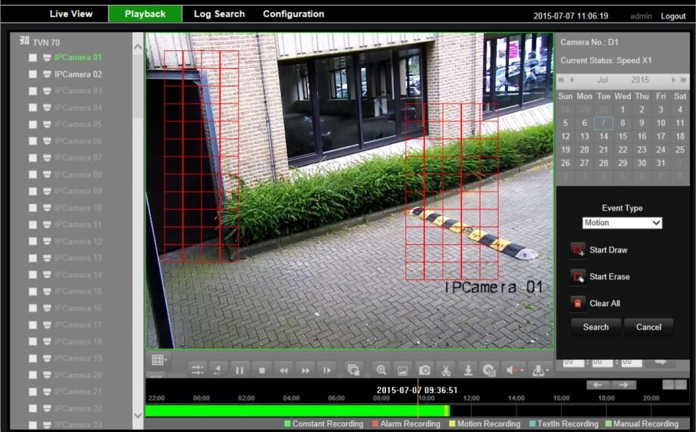 Rozdział 7: Wyszukiwanie plików 4. Kliknij przycisk Search (Szukaj). Zdarzenia ruchu zostaną wyróżnione niebieskimi liniami na pasku postępu nagrywania.