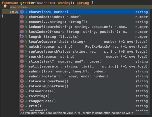 Funkcje z deklaracjami typów 39 function greeter(username: string):