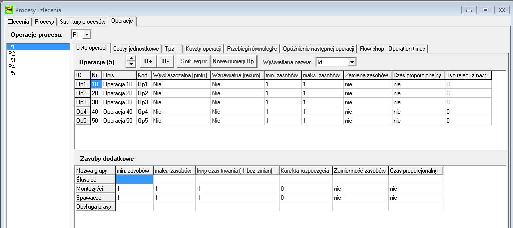 Zakładka Struktury procesów Lista operacji w danym procesie jest dostępna w zakładce Operacje/ Lista operacji (rys. 10). Po wybraniu procesu możliwy jest przegląd i edycja cech operacji.