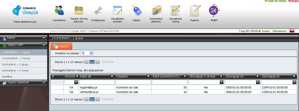 Uwaga: Funkcjonalność definiowania i przesyłania rabatów do sklepu dostępna jest dla systemu Comarch OPT!MA 2010 7.1. Rabat typu Upselling dotyczy systemu Comarch CDN XL.