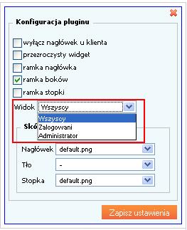 W przypadku ustawienia widoku Administrator, w Trybie administracyjnym w nagłówku danego pluginu wyświetlana jest informacja o widoczności tylko dla