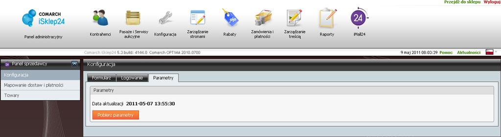 2.1.2 Wysłanie towarów do imall24 W podmenu Towary jest możliwość wysłania towarów do serwisu imall24. (Należy pamiętać o uprzednim przypisaniu do towarów kategorii i atrybutów imall24 w Comarch OPT!