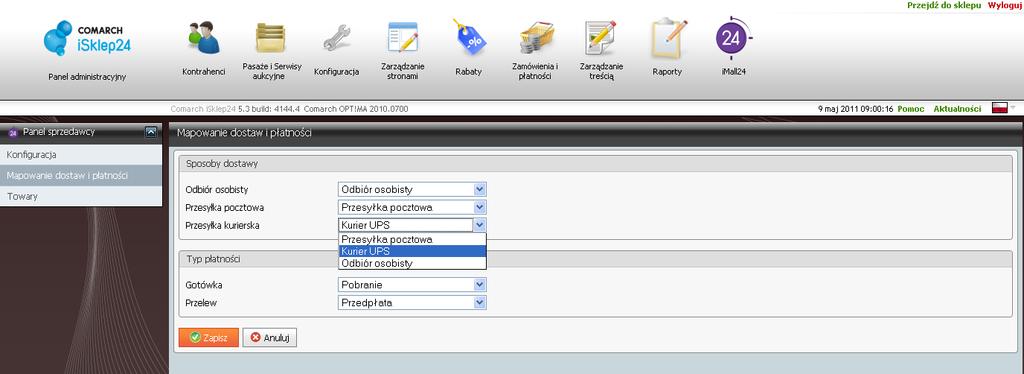 Aby przypisać sposób dostawy/płatności sklepu do sposobu dostawy/płatności imall24 należy z listy wybrać odpowiednią wartość i zapisać zmiany przyciskiem.