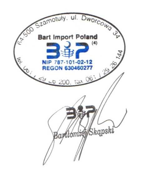 Deklaracja zgodności WE nr BIP/Doc/008 Wystawca deklaracji: Adres: Produkt: Typ: Bart Import Poland Bartłomiej Skąpski ul.