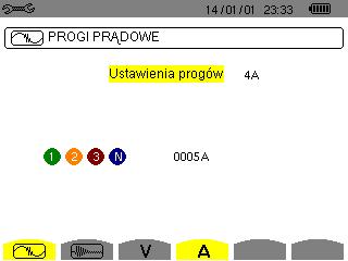 4V lub 3U: wszystkie kanały mają ten sam próg. Nacisnąć przycisk, a następnie użyć przycisków, aby zaznaczyć wartość progu na żółto.