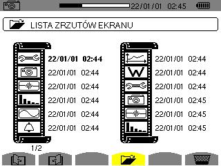 . TRYB ZRZUTY EKRANOWE Przycisk umożliwia wykonanie do 5 zrzutów ekranów i wyświetlanie ich. Zapisane ekrany można następnie przesłać do komputera PC za pomocą aplikacji PAT (Power Analyser Transfer).