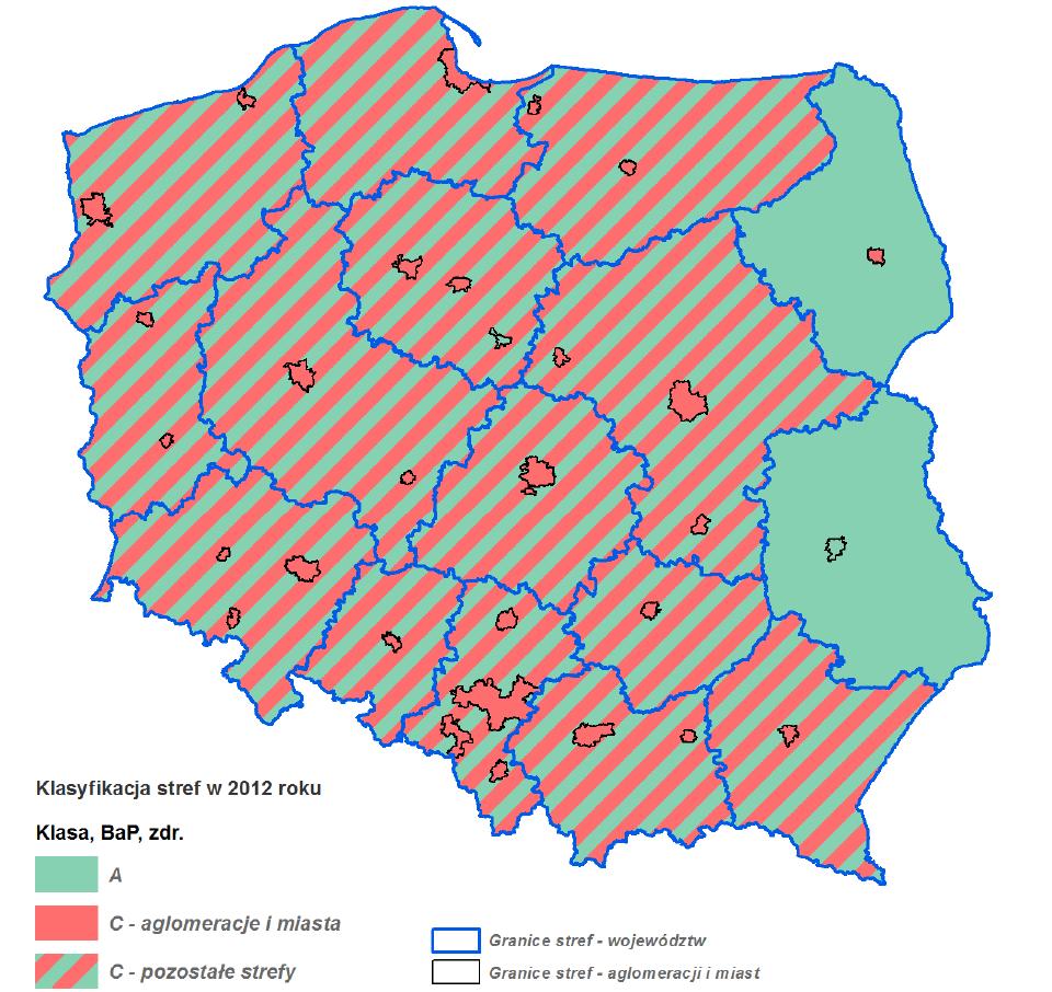 POWIETRZE ATMOSFERYCZNE BENZO(A)PIREN 2012 r. Polska podzielona jest na 46 stref W 2012 r.