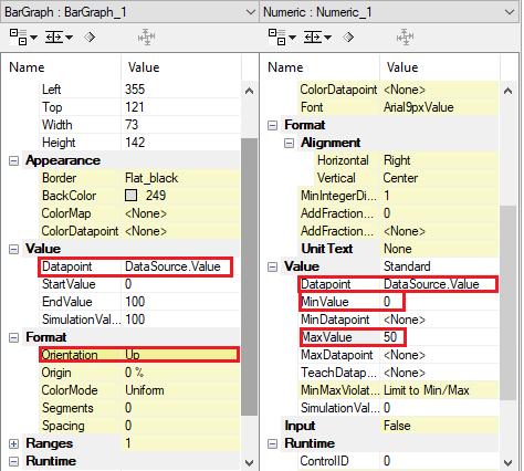 Ustawienia funkcji przycisków Ustawienia komponentów bargraph oraz numeric wymagają tylko przypisania zmiennej Datapoint oraz opcjonalnie podanie zakresów wyświetlania zmiennej przypisanej do danego