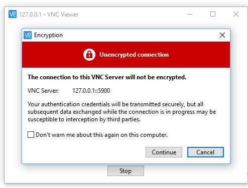 Rysunek 45 Wprowadzenie adresu IP w programie VNC Viewer Po wprowadzeniu adresu IP pojawi się okno z ostrzeżeniem, że nasze połączenie nie jest