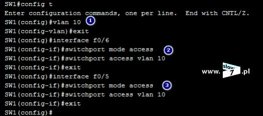 4 (Pobrane z slow7.pl) Tak naprawdę cała konfiguracja sprowadza się do wykorzystania dobrze znanych poleceń lecz tym razem konfigurację urządzeń przeprowadzamy w kontekście sieci VLAN.