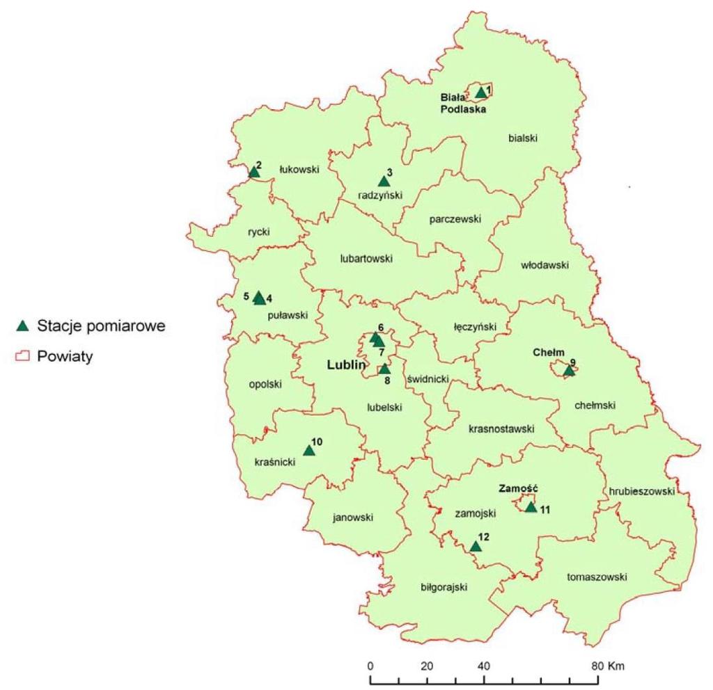 Rysunek 3. Lokalizacja stacji pomiarowych stanowiących sieć monitoringu jakości powietrza na terenie województwa lubelskiego w latach 2013-2015.
