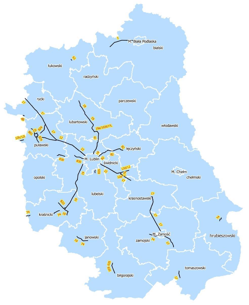 Rysunek 5. Wykaz odcinków dróg na terenie województwa lubelskiego objętych analizą na potrzeby opracowania map akustycznych dla dróg krajowych o ruchu powyżej 3 000 000 pojazdów.