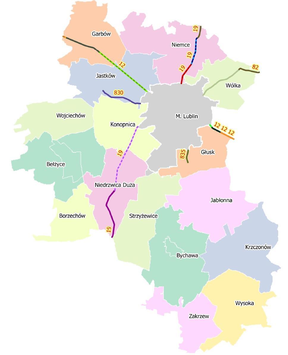 Rysunek 6. Wykaz odcinków dróg na terenie powiatu lubelskiego objętych analizą na potrzeby opracowania map akustycznych dla dróg krajowych o ruchu powyżej 3 000 000 pojazdów.
