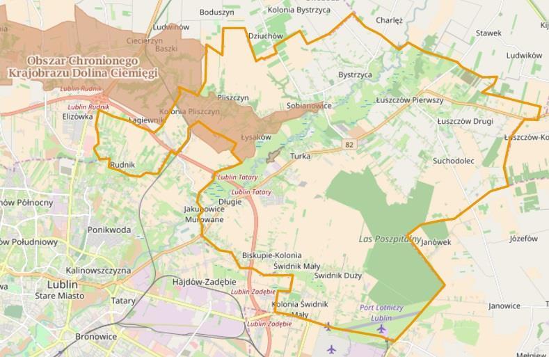 Poniżej przedstawiono w formie graficznej położenie obszaru na tle granic Gminy Wólka. Rysunek 17. Położenie Obszaru Chronionego Krajobrazu Dolina Ciemięgi na tle granic Gminy Wólka.
