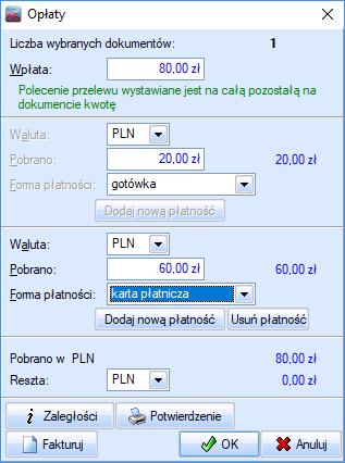 Z punktu widzenia operatora postępujemy tak samo jak dotychczas. Pojawia się znane już okienko przyjmowania opłat, tyle że okienko to zawiera dodatkowy przycisk Dodaj nową płatność.