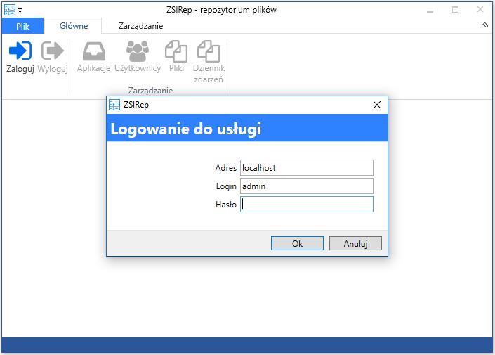 Wraz z usługą dostępna jest także aplikacja menadżera repozytorium do zdalnego zarządzania nią o nazwie ZSIRepMgr.