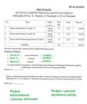 Dowodami wpływu są: rachunki (faktury) za zakupione materiały, pisma, protokoły informujące o przekazaniu bibliotece materiałów w formie przydziału bądź daru lub