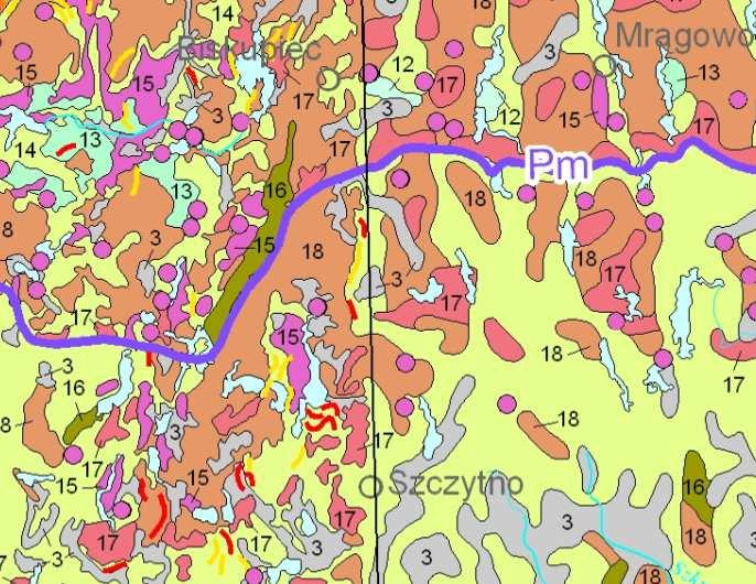FRAGMENT MAPY GEOLOGICZNEJ POLSKI, OBEJMUJĄCY GMINĘ DŹWIERZUTY 3- żwiry, piaski, mady rzeczne, torfy i namuły; 14- piaski i żwiry sandrowe; 15- piaski i mułki kemów; 17- żwiry, piaski, głazy i gliny