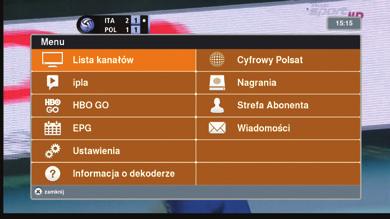 Wygląd ekranu startowego usługi ipla prezentuje ekran obok. Nawigacja po interfejsie usługi jest bardzo prosta i odbywa się za pomocą przycisków,,,.