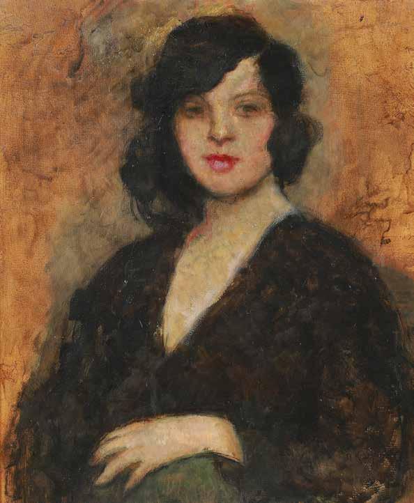 16 Alfons Karpiński (1875 Rozwadów 1961 Kraków) Portret kobiety w czarnej sukni olej, tektura, 68 57 cm, p.d.: akarpiński (słabo czytelne) cena wywoławcza: 11 000 zł estymacja: 15 000 18 000 W latach 1891 1899 studiował w krakowskiej SSP u F.