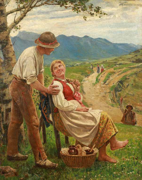 28 Antoni Kozakiewicz (1841 Kraków 1929 tamże) Góralskie zaloty, 1919 r. olej, płótno, 76 60 cm, sygn. p.g.: A.