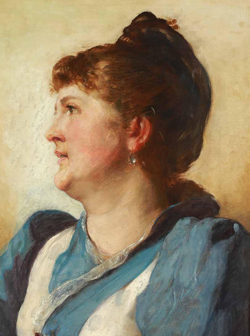 Prezentowany obraz przedstawia popiersie eleganckiej, dostojnej kobiety w niebieskiej sukni, upiętej dekoracyjną broszką. Na tym pochodzącym z 1891 r.