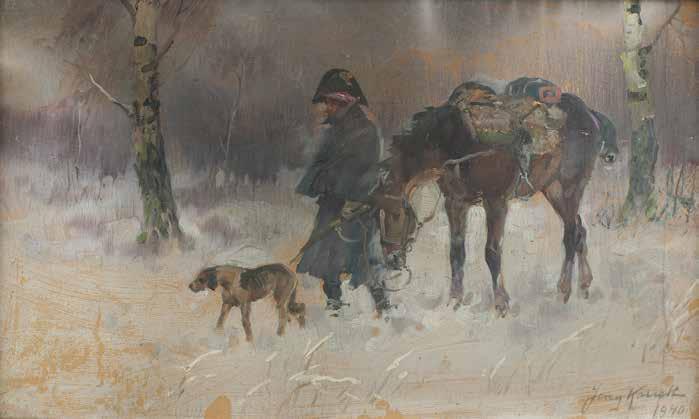 42 Jerzy Kossak (1886 Kraków 1955 tamże) Epizod z wojen napoleońskich, 1940 r. olej, tektura, 30 50 cm, sygn. i dat. p.d.: Jerzy Kossak/1940 cena wywoławcza: 9 500 zł estymacja: 12 000 15 000 Syn Wojciecha Kossaka.