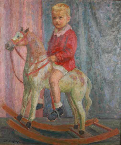 54 Zbigniew Pronaszko (1885 Debreczyn 1958 Kraków) Konik na biegunach (Portret synka), 1953 r. olej, płótno, 100,5 85,5 cm, sygnowany l.d.: z.pronaszko, na odwrocie autorskie datowanie: IX. 1953. Pochodzenie: krakowska kolekcja Karola Zolicha.
