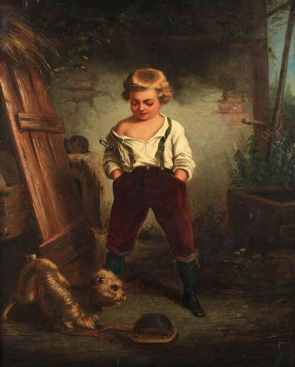 2 Leopold Loefler (1827 1898) Chłopiec z pieskiem olej, płótno dublowane, 69 55 cm cena wywoławcza: 7 500 zł estymacja: 9 000 12 000 Leopold Loeffler rozpoczął studia na Wydziale Filozoficznym