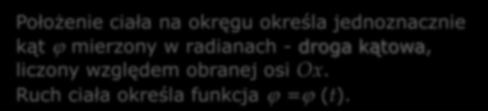 y v ( t + t) r v (t) ϕ x s Położenie ciała na okręgu określa jednoznacznie kąt ϕ mierzony w