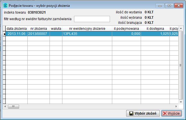 Drugą metodą, dającą możliwość wyboru złożeń jest ręczny wybór właściwych pozycji z ewidencji składu celnego.