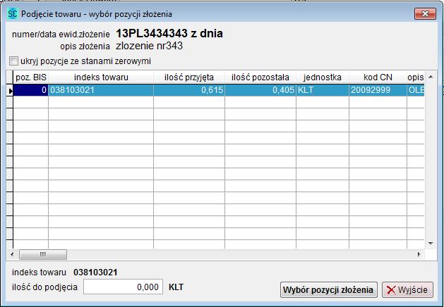 Na liście widoczne są wszystkie pozycje wybranego złożenia (można ukryć pozycje z zerowym stanem bieżącym).