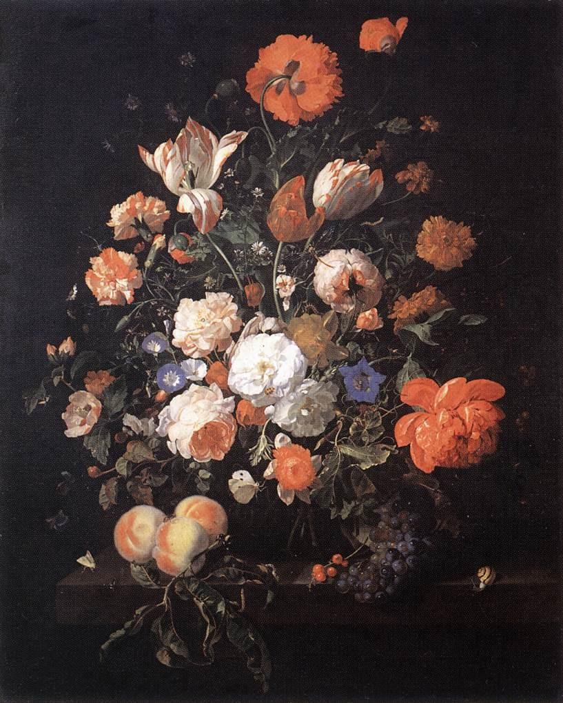 Ryc. 9 Rachel Ruysch, A Vase of Flowers, 1706. Źródło: http://www.wga.hu Ryc. 10 Rachel Ruysch, Still-Life with Flowers, 1716. Źródło: http://www.wga.hu W okresie pełnego rozkwitu przeładowanej ozdobami estetyki barokowej tworzył Jan van Huysum.