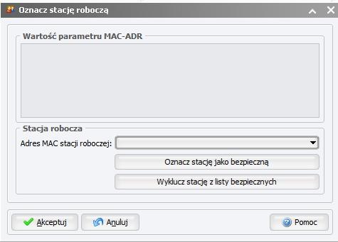 Dodatkowo na zakładce "Administracja Lokalna" w menu "Kontrola" dodano opcję "Bezpieczna stacja robocza". Opcja ta otwiera okno AD0047 "Oznacz stację roboczą".