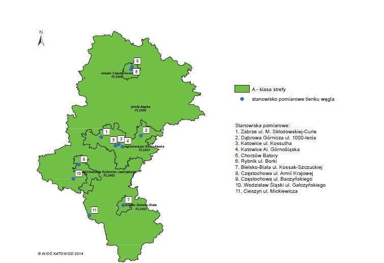 Rysunek 13.5 Klasyfikacja stref dla tlenku węgla ze względu na ochronę zdrowia ludzi w 2013 roku, źródło: Stan ochrony środowiska w województwie śląskim w 2013 roku Zgodnie z art.