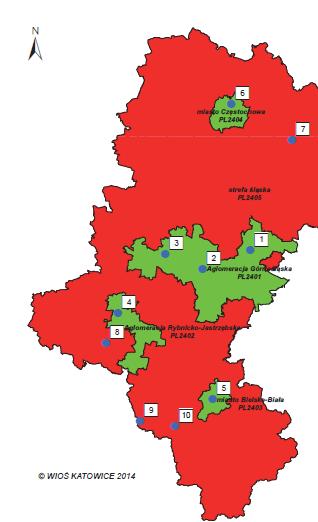 Ze względu na to że terenie strefy śląskiej gdzie leży Gmina Brenna klasę C określono dla następujących substancji: pył zawieszony